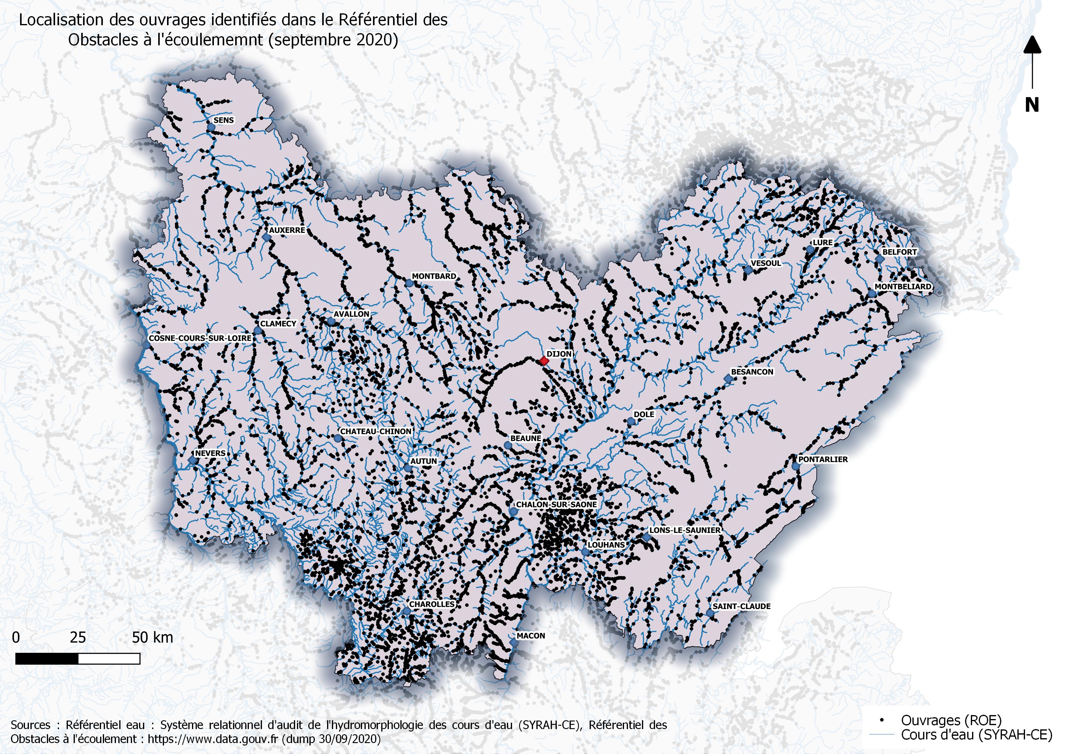 Localisation des ouvrages transversaux présents sur les cours d'eau