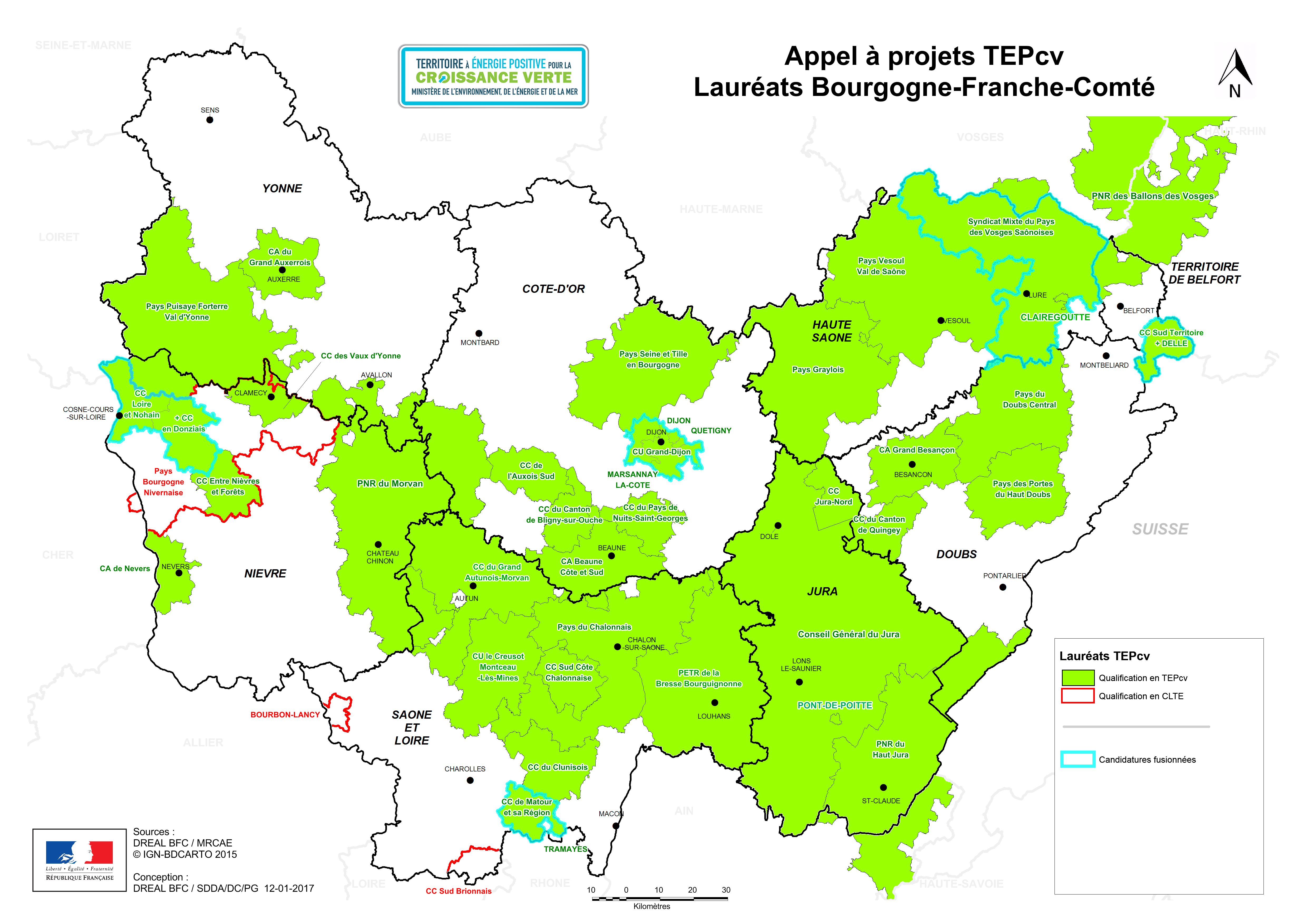 Carte des 33 TEPcv et des 3 CLTE en Bourgogne-Franche-Comté