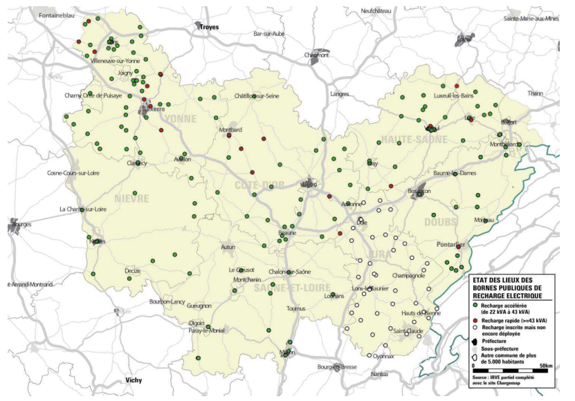 Carte 2022 des Points de Charges en BFC (charge lente 4h à 2h, charge rapide 30')