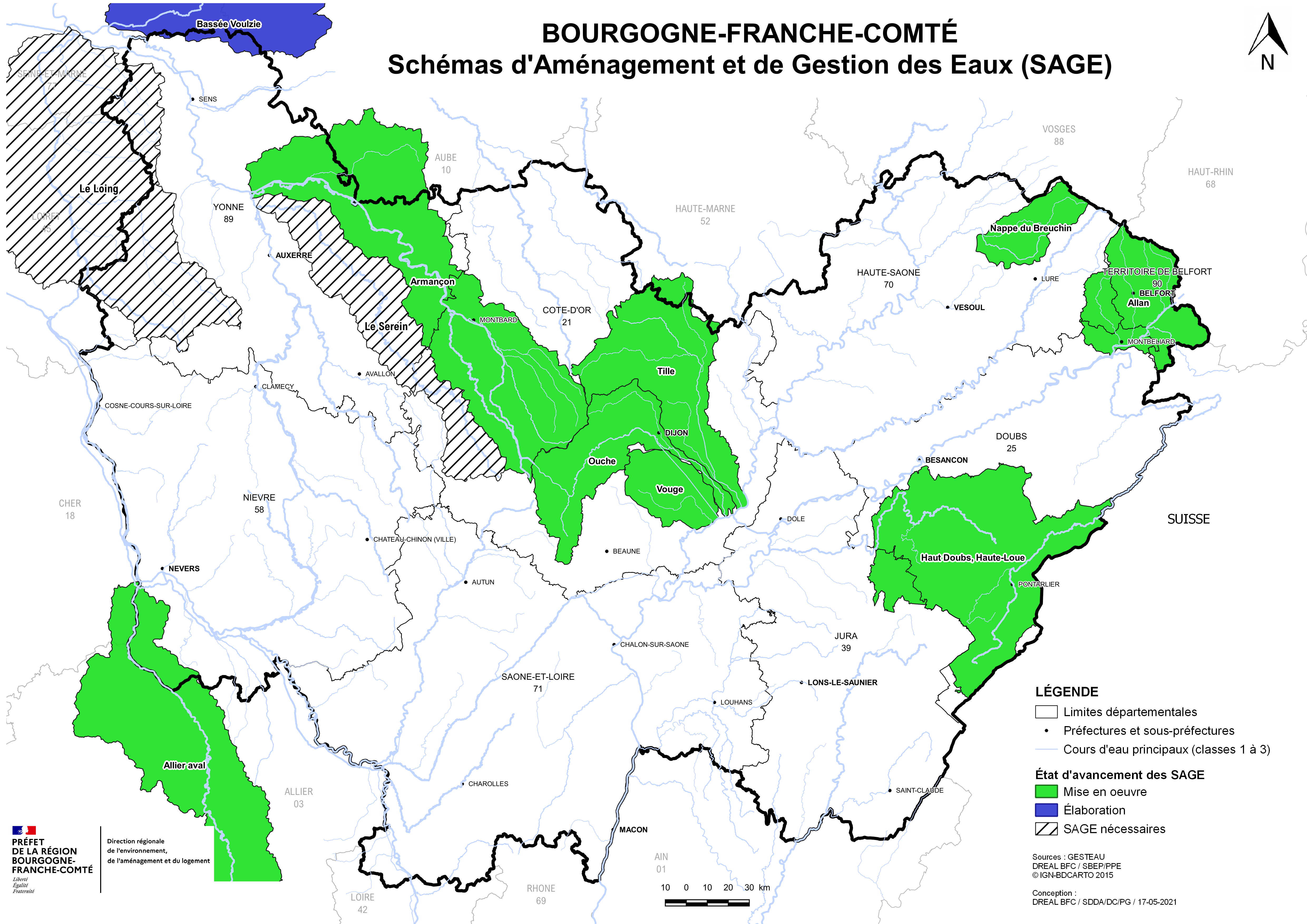 Carte régionale des 9 SAGE (situation au 1/10/2022)