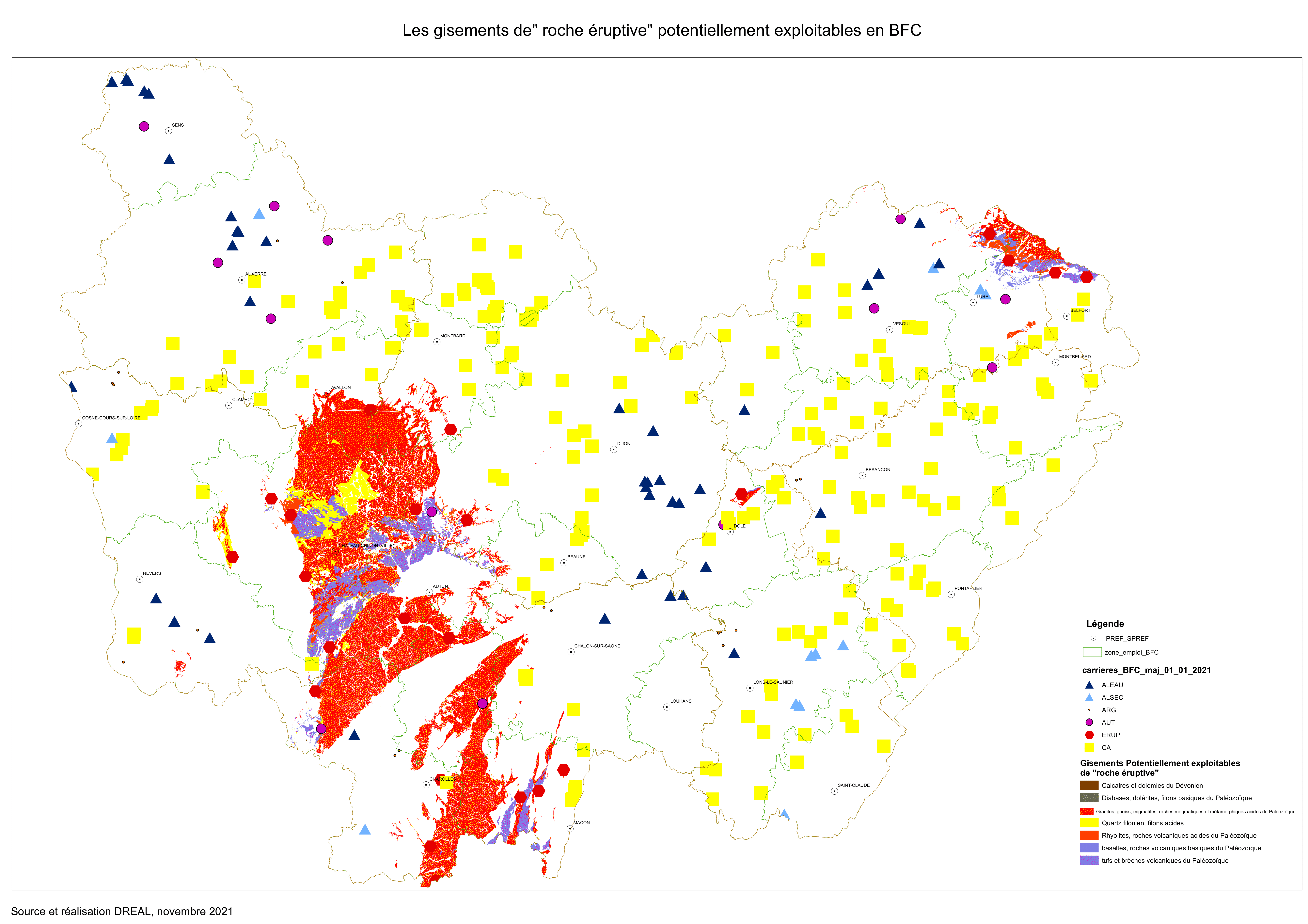 Gisements d'éruptif en région